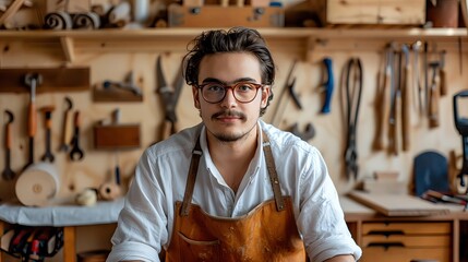 Portrait of handsome young man wearing glasses and apron working in the workshop, sitting at workbench with tools on wall behind him. small business owner, local craftwork artist