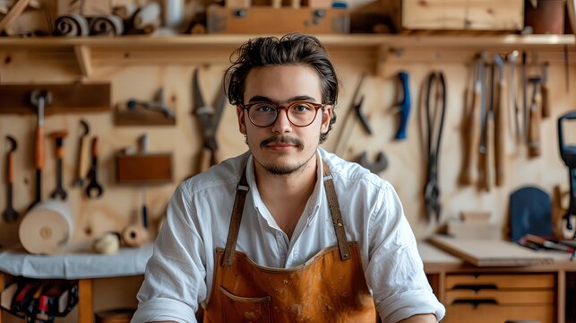 Portrait of handsome young man wearing glasses and apron working in the workshop, sitting at workbench with tools on wall behind him. small business owner, local craftwork artist