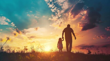 Obraz premium silhouette father with little daughter walk at sunset. father's day background concept