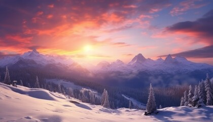 A stunning dramatic sky with vibrant snow winter frozen mountains landscape, beautiful sunset view, cool place in Antarctica