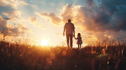 Fototapeta premium silhouette father with little daughter walk at sunset. father's day background concept