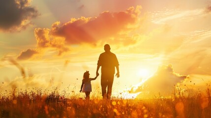 Obraz premium silhouette father with little daughter walk at sunset. father's day background concept