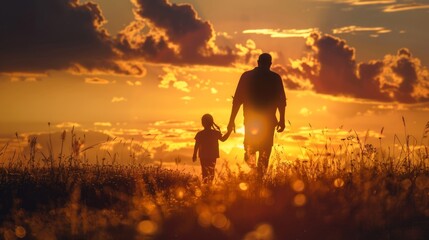 silhouette father with little daughter walk at sunset. father's day background concept