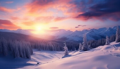 A stunning dramatic sky with vibrant snow winter frozen mountains landscape, beautiful sunset view, cool place in Antarctica