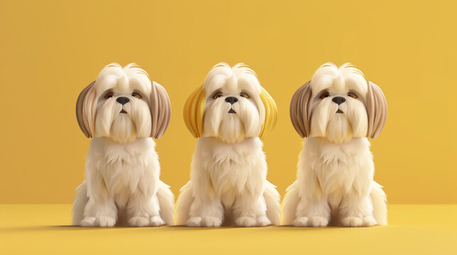Portrait of three adorable Shih Tzu dogs sitting side by side, each displaying unique expressions, on a vibrant yellow background.