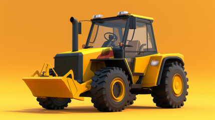 Naklejka premium Bright yellow construction tractor displayed against an orange background, highlighting industrial machinery.