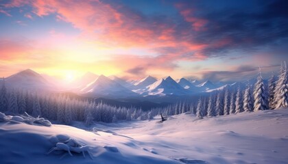 A stunning dramatic sky with vibrant snow winter frozen mountains landscape, beautiful sunset view, cool place in Antarctica