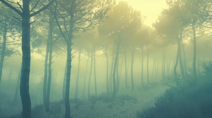 ethereal pine forest shrouded in morning fog vintagefiltered mystical landscape photograph