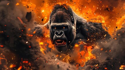 fierce gorilla surrounded by explosive orange sparks in dramatic artistic rendering digital art