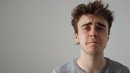 Fototapeta premium Portrait of a young man with a comical facial expression in a studio setting with a white backdrop