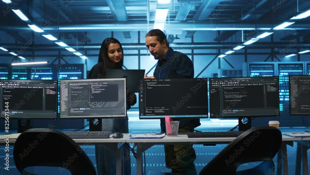 Poster multiracial colleagues in server hub workspace collaborating to fix servers providing computing reso
