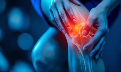 Close up of a woman holding her knee against an X-ray background, showing pain in the joint from arthritis blurred on a dark blue background. style stock photo contest winner, high quality in the styl