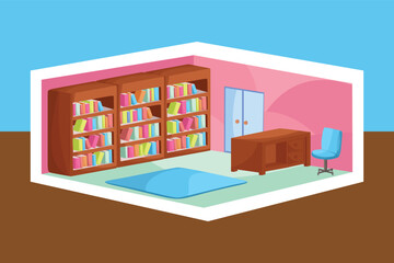 Library or Bookstore Bright Colorful Interior 3 D Perspective