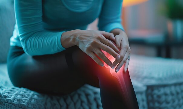 Close up of a woman holding her knee in pain with a glowing hip bone on a blue background. A closeup photo collage of female hands touching at the place of a gelatinous joint leg over a shoulder