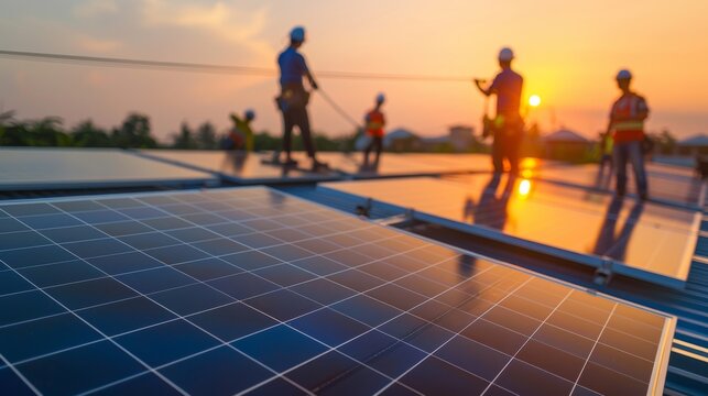 A team of workers erect large solar panels on the roof of a commercial building adding to its energy sustainability.
