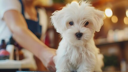 meticulous grooming session for adorable white puppy at pet salon aigenerated image