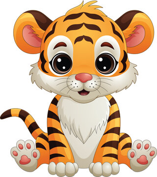 Cartoon baby tiger sitting on white background