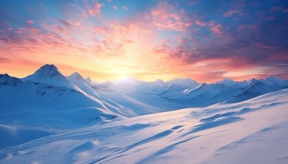 A stunning dramatic sky with vibrant snow winter frozen mountains landscape, beautiful sunset view, cool place in Antarctica