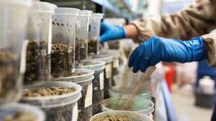 A team of engineers carefully label and secure soil samples in containers ready to be analyzed in a laboratory.