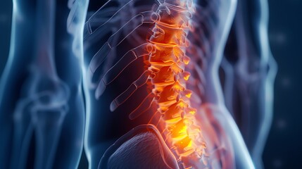 human back pain, with a red glowing area of the spine on a blue background with an X-ray effect, closeup medical concept showing anatomy in a panoramic style. Ultra detailed