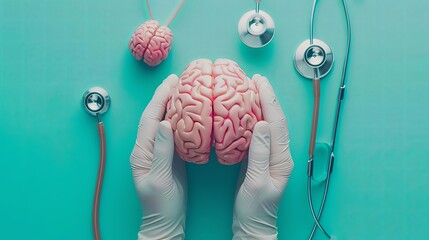 Top view of doctor hands in medical gloves holding pink brain model with stethoscope and brain motive on turquoise background, high resolution photography