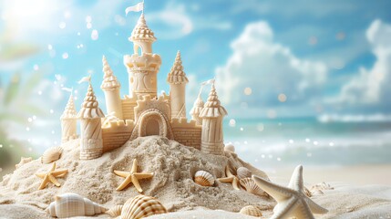 Sand castle with seashells and starfish on the beach background, summer vacation concept banner for travel company, copy space text ,a softly blurred sea in light blue background, ultra realistic phot