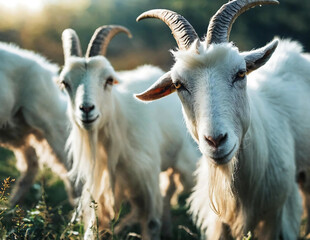 Two white goats looking at the camera. Close up photo of pets. Goats on pasture