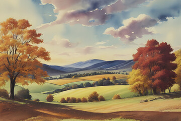 A vintage watercolor artwork showcasing a vibrant autumn sky, with rolling hills and colorful trees below. 