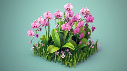 orchid field isometric illustration in 3d