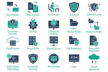 Information technology icon set. data transfer, cyber security, computer setting and more. solid icon style. technology element vector illustration