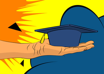 Cartoon, comic book human hands holding Graduation Hat. Retro vector comics pop art design.