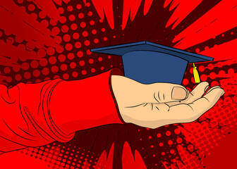 Cartoon, comic book human hands holding Graduation Hat. Retro vector comics pop art design.