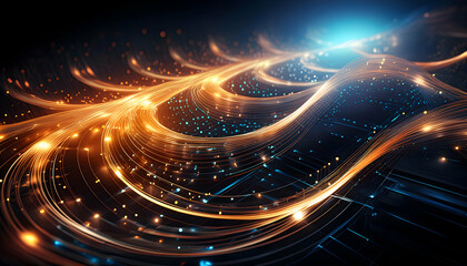 Creative abstract technology flowing data in neon gold and black color background. Coding colorful data flowing. Wallpaper