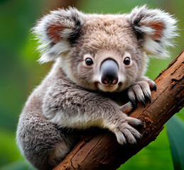 Obraz premium Baby koala clinging to a tree trunk