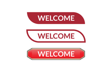 Welcome red ribbon label banner set. Open available now sign or Welcome tag.