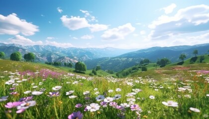 Obraz premium A stunning spring day landscaping views of fertile land surrounded beautiful green vegetation, wide stretches of hills and mountains with clear skies in spring