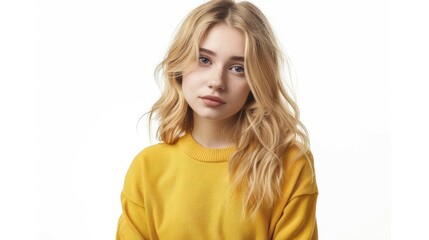 Naklejka premium A Blonde-Haired Girl In A Yellow Sweater Posing Confidently In A Studio Against A White Background, Hd Images