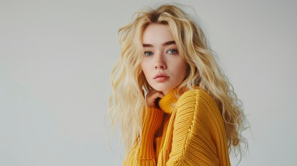 Fototapeta premium A Blonde-Haired Girl In A Yellow Sweater Posing Confidently In A Studio Against A White Background, Hd Images