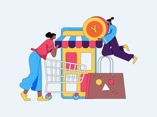 Holiday shopping people doing e-commerce online shopping flat vector concept operation hand drawn illustration
