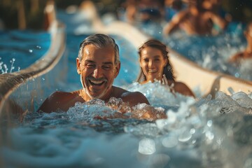 Joyful Adults Enjoying a Fun Water Slide at a Sunny Outdoor Water Park
