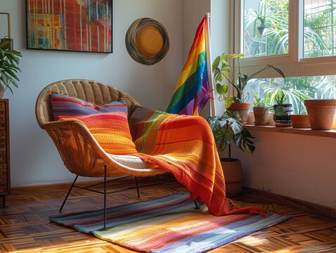 An interior of a home with a cozy, inviting room that has a rainbow flag and other lgbtq pride decor.