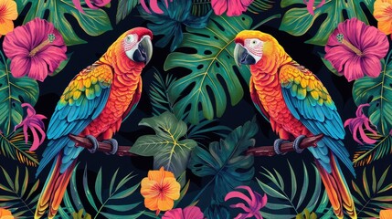 Colorful Tropical Parrots in Exotic Jungle Foliage with Vibrant Flowers