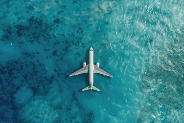 white plane trough the blue sea, trip concept background