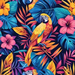 Obraz premium Vibrant Tropical Parrots and Leaves Seamless Pattern with Exotic Flowers