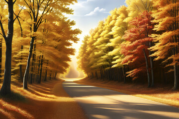 A vintage watercolor painting of a winding country road disappearing into a vibrant autumn forest.