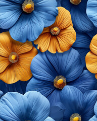 A blue and yellow flower arrangement with a blue background