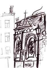 altar part of the Dome Cathedral in Riga, Latvia, graphic black and white travel sketch