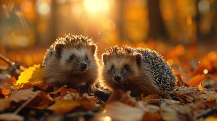 Morning sunlight casting a serene glow on a forest glade where a family of hedgehogs snuffles through the leaves