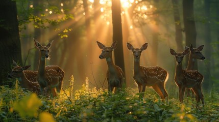 Sunlight streaming through a break in the trees, casting a warm light on a group of resting deer in a silent forest
