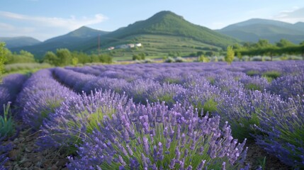 Close-Up of Lavender Field with Mountain Background. Close-up of a lavender field in full bloom with a scenic mountain range in the background under a clear sky.